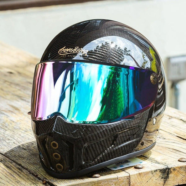 Carbon Fiber Iron King Motorcycle Helmet with Green Visor