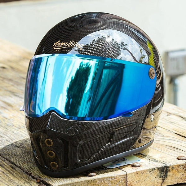 Carbon Fiber Iron King Motorcycle Helmet with Blue Visor