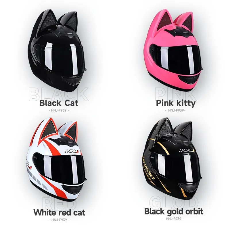 Motorcycle Helmet, Pink with Cat Ears & Gold Visor Motorcycle Helmet, Pink with Cat Ears & Gold Visor