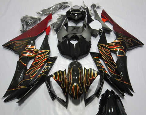 Black, Gold and Red Flames Fairing Kit for a 2008, 2009, 2010, 2011, 2012, 2013, 2014, 2015 & 2016 Yamaha YZF-R6 motorcycle
