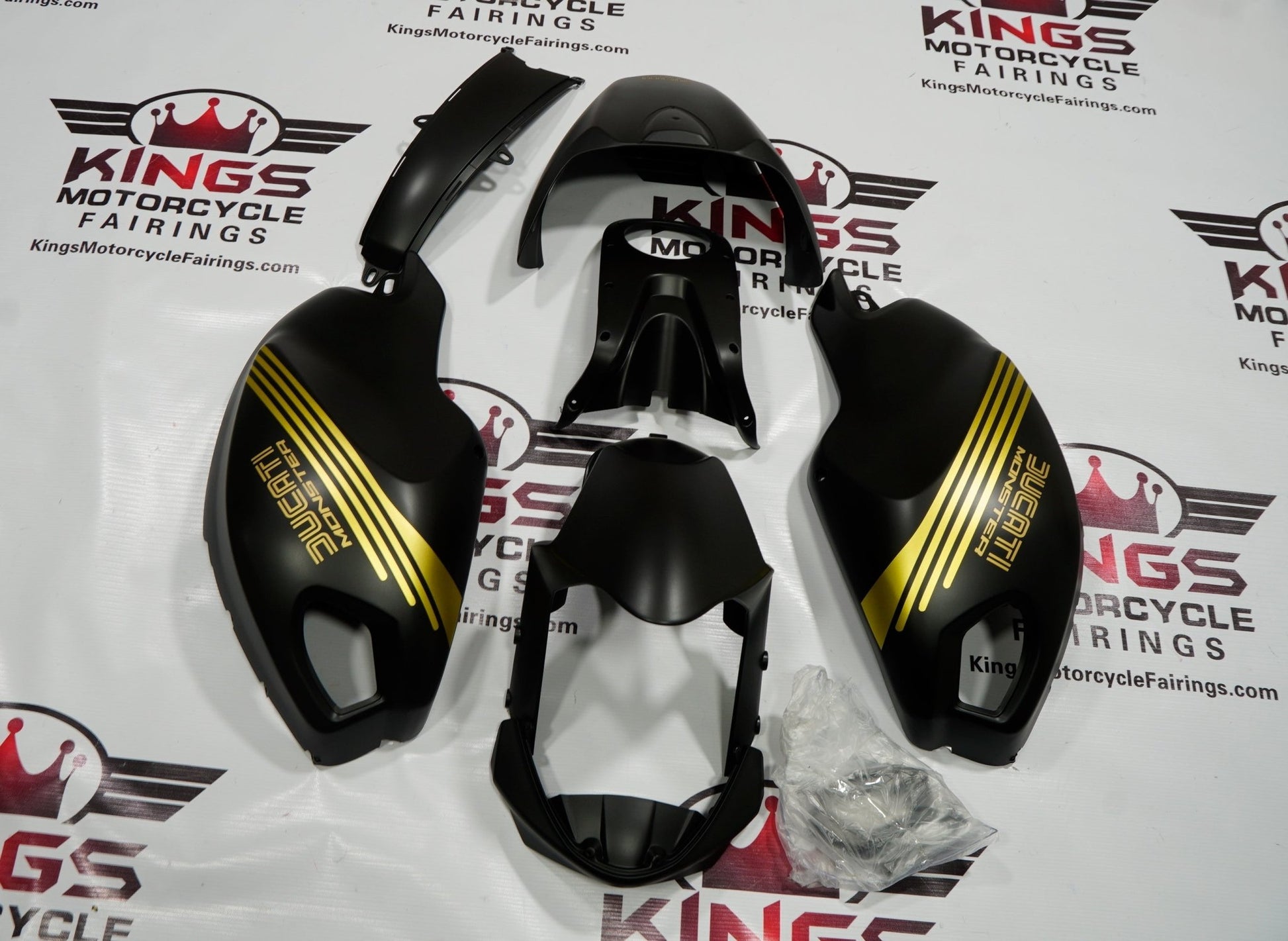 DUCATI MONSTER 696/796/1100 (2009-2016) MATTE BLACK & GOLD FAIRINGS at KingsMotorcycleFairings.com