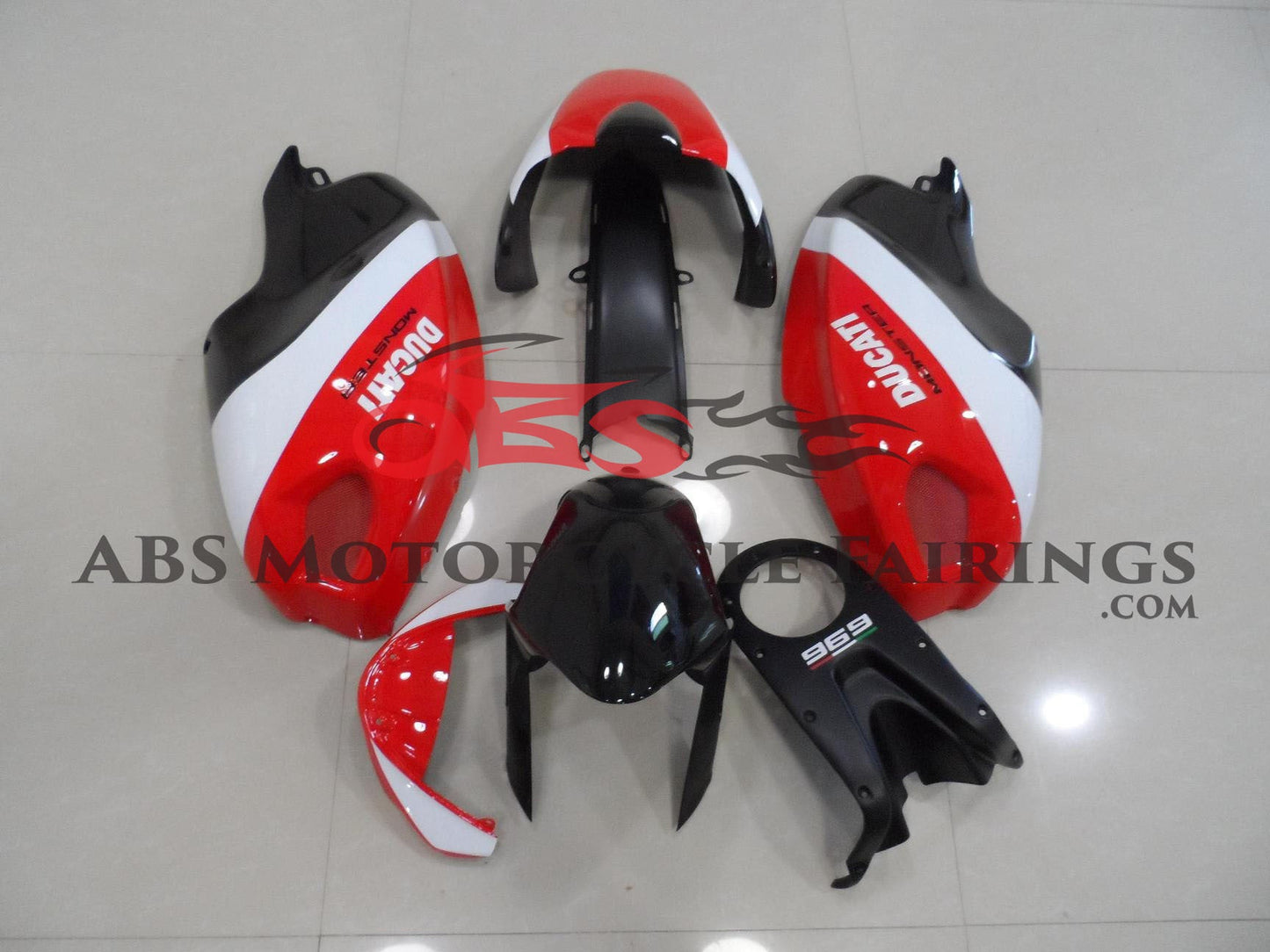 Black, White and Red Fairing Kit for a 2009, 2010, 2011, 2012, 2013, 2014, 2015 & 2016 Ducati Monster 696/796/1100 motorcycle - KingsMotorcycleFairings.com