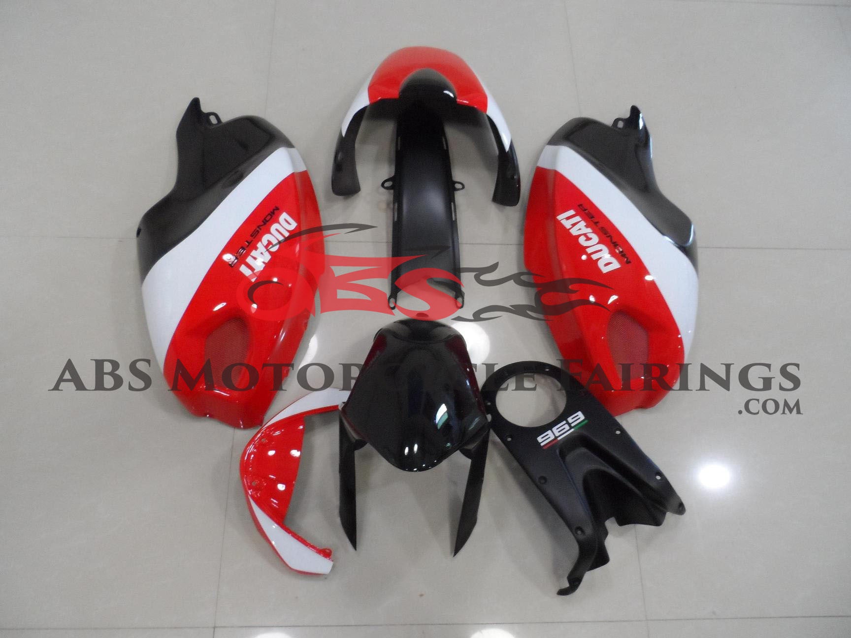 Black, White and Red Fairing Kit for a 2009, 2010, 2011, 2012, 2013, 2014, 2015 & 2016 Ducati Monster 696/796/1100 motorcycle - KingsMotorcycleFairings.com