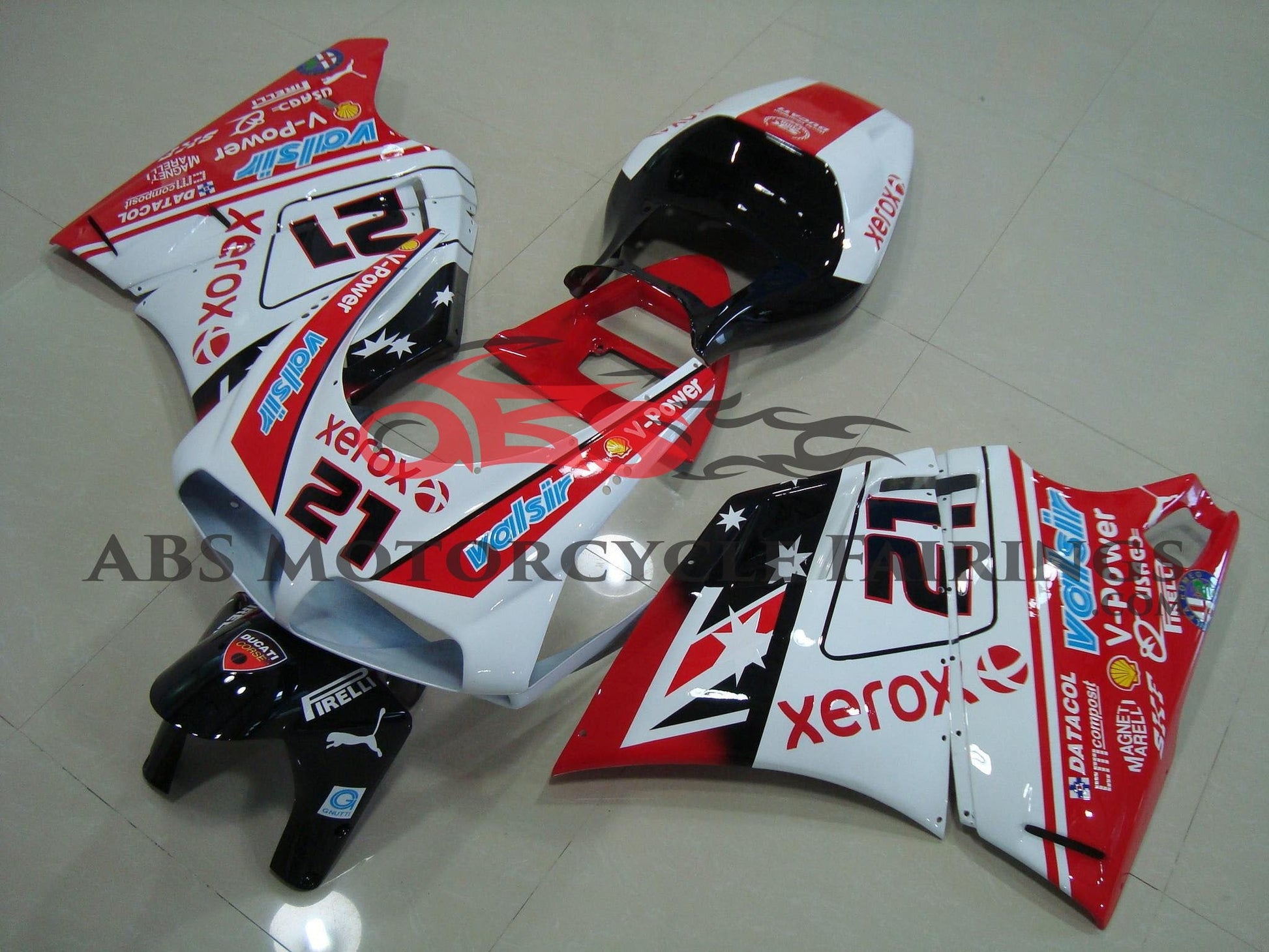 White, Red and Black #21 Fairing Kit for a 1994, 1995, 1996, 1997, 1998 & 1999 Ducati 916 motorcycle.