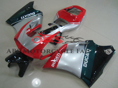Silver, Red, Green and Black Fairing Kit for a 1998, 1999, 2000, 2001, & 2002 Ducati 996 motorcycle