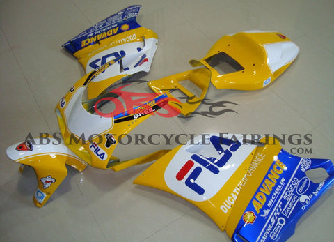 Yellow, White and Blue Fila Fairing Kit for a 1998, 1999, 2000, 2001, & 2002 Ducati 996 motorcycle