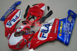 Red, White and Blue FILA Race Fairing Kit for a 2005 & 2006 Ducati 749 motorcycle. This Racing kit is designed for the racetrack with the front headlight port covered