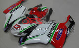 White, Red, Green and Black Race Fairing Kit for a 2003 & 2004 Ducati 749 motorcycle. This Racing kit is designed for the racetrack with the front headlight port covered.