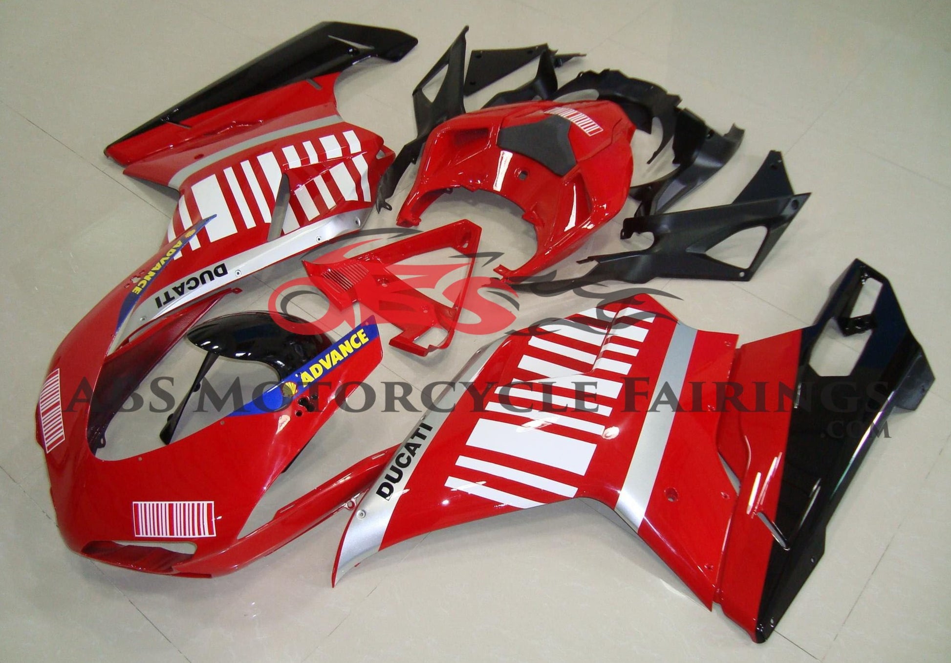 Red, Silver, Black & White Striped Fairing Kit for a 2007, 2008, 2009, 2010, 2011, 2012, 2013 & 2014 Ducati 848 motorcycle