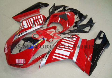 Red, Silver, Black & White Striped Fairing Kit for a 2007, 2008, 2009, 2010, 2011 & 2012 Ducati 1198 motorcycle