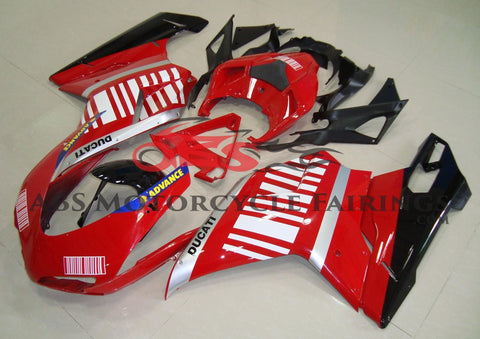 Red, Silver, Black & White Striped Fairing Kit for a 2007, 2008, 2009, 2010, 2011 & 2012 Ducati 1098 motorcycle