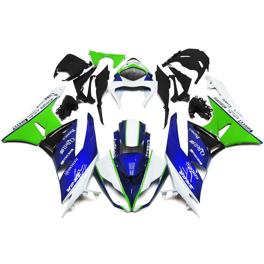 White, Blue, Green and Black Fairing Kit for a 2007 & 2008 Kawasaki Ninja ZX-6R 636 motorcycle