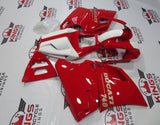 Red, White, Silver and Gold Pinstripe Fairing Kit for a 1998, 1999, 2000, 2001, & 2002 Ducati 996 motorcycle. The photos used are examples of the paint design. Your Ducati 996 will have 996 sticker decals, not 748 decals
