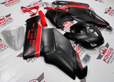 Matte Black and Red Fairing Kit for a 2005 & 2006 Ducati 999 motorcycle. The photos used are examples of the paint design, your Ducati 999 will have 999 decals, not the 749 decals