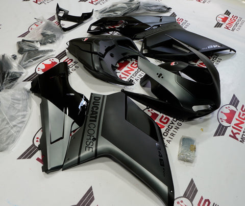 Matte Black and Matte Gray Fairing Kit with Black Decals for a 2007, 2008, 2009, 2010, 2011, 2012, 2013 & 2014 Ducati 848 motorcycle