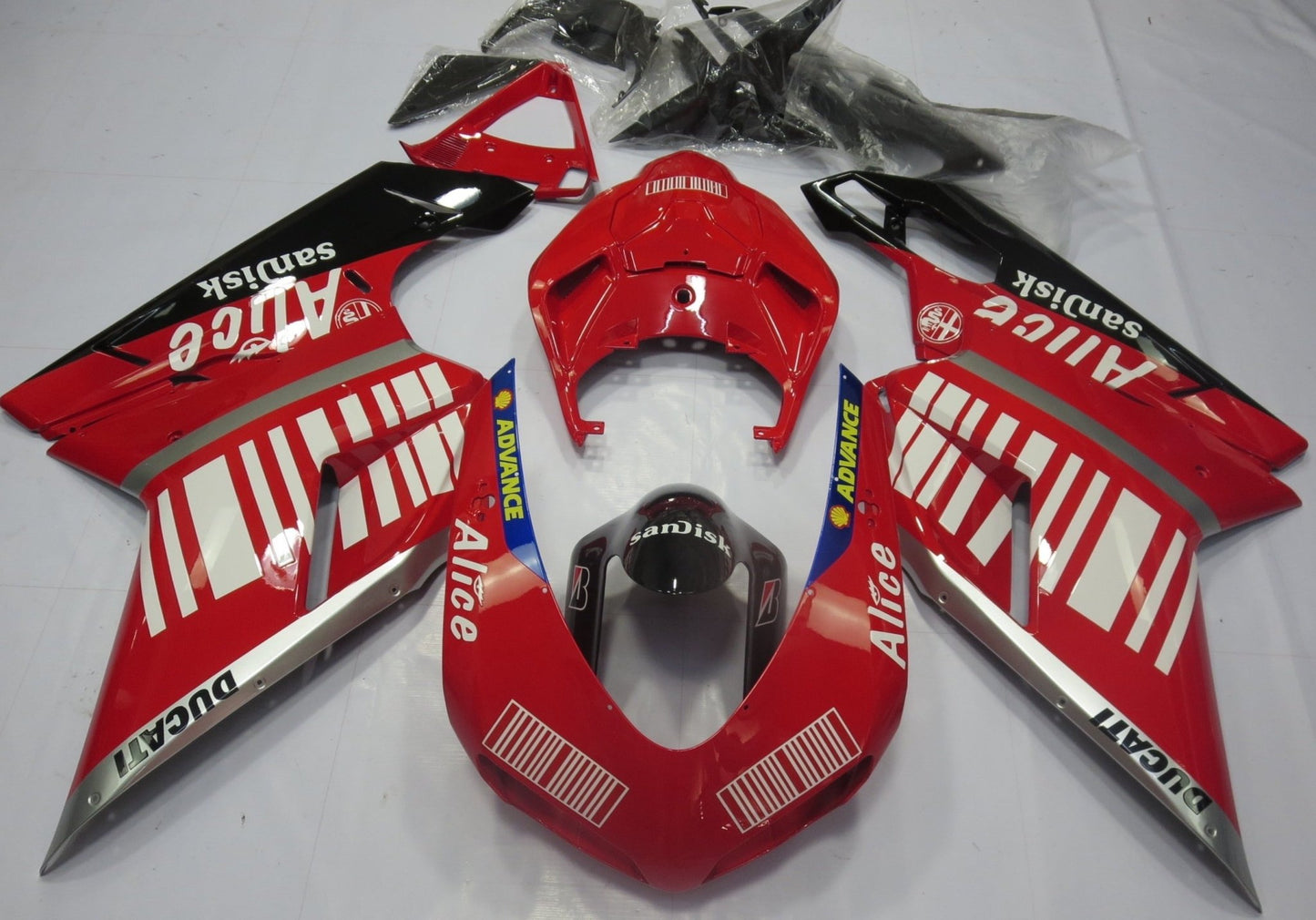 Ducati 1098 Fairings (2007-2012) Red, Silver, Black, White Striped Alice from Kings Motorcycle Fairings