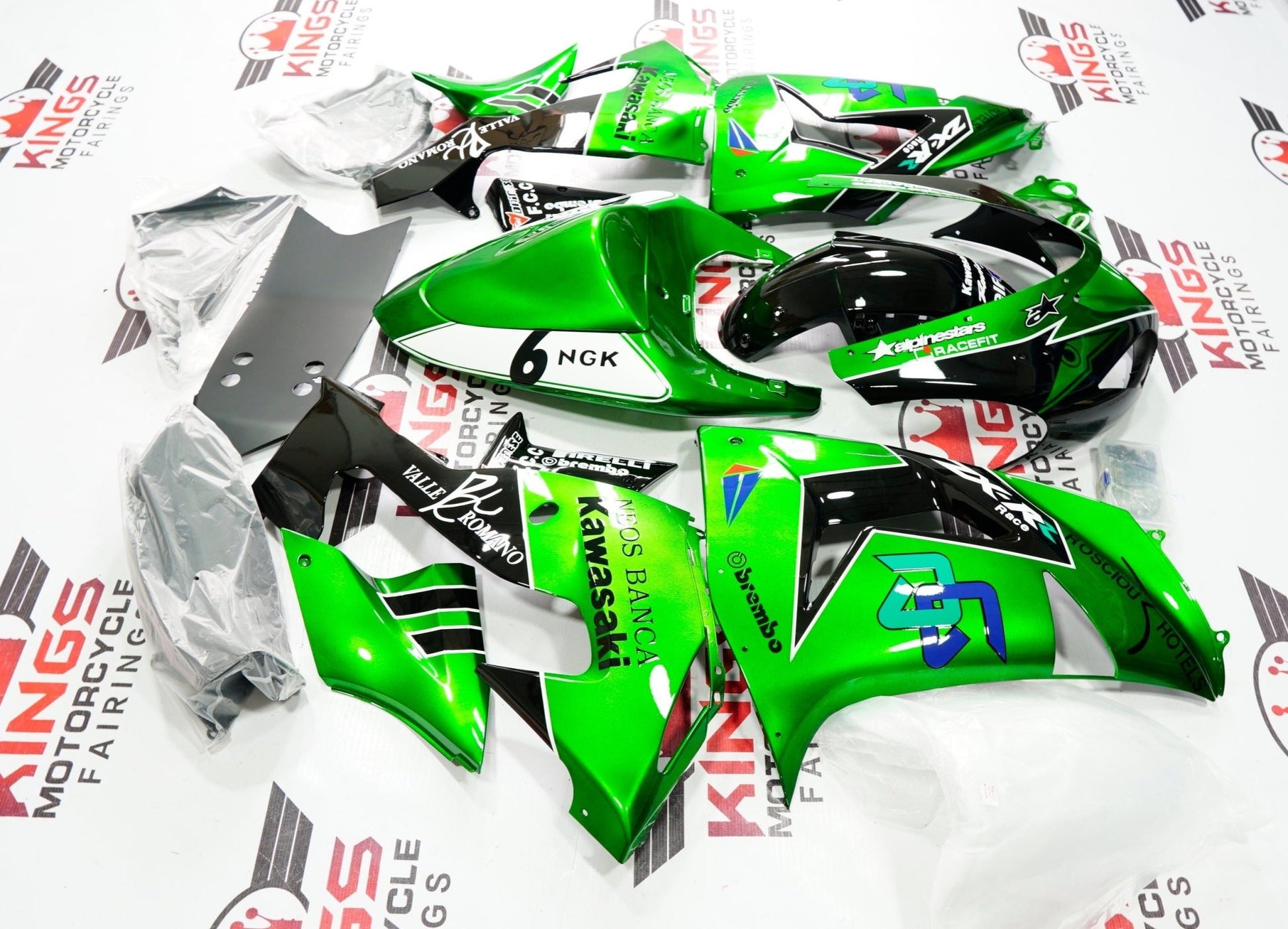 Metallic Green, Black and White Alpinestars Fairing Kit for a 2006 & 2007 Kawasaki ZX-10R motorcycle.