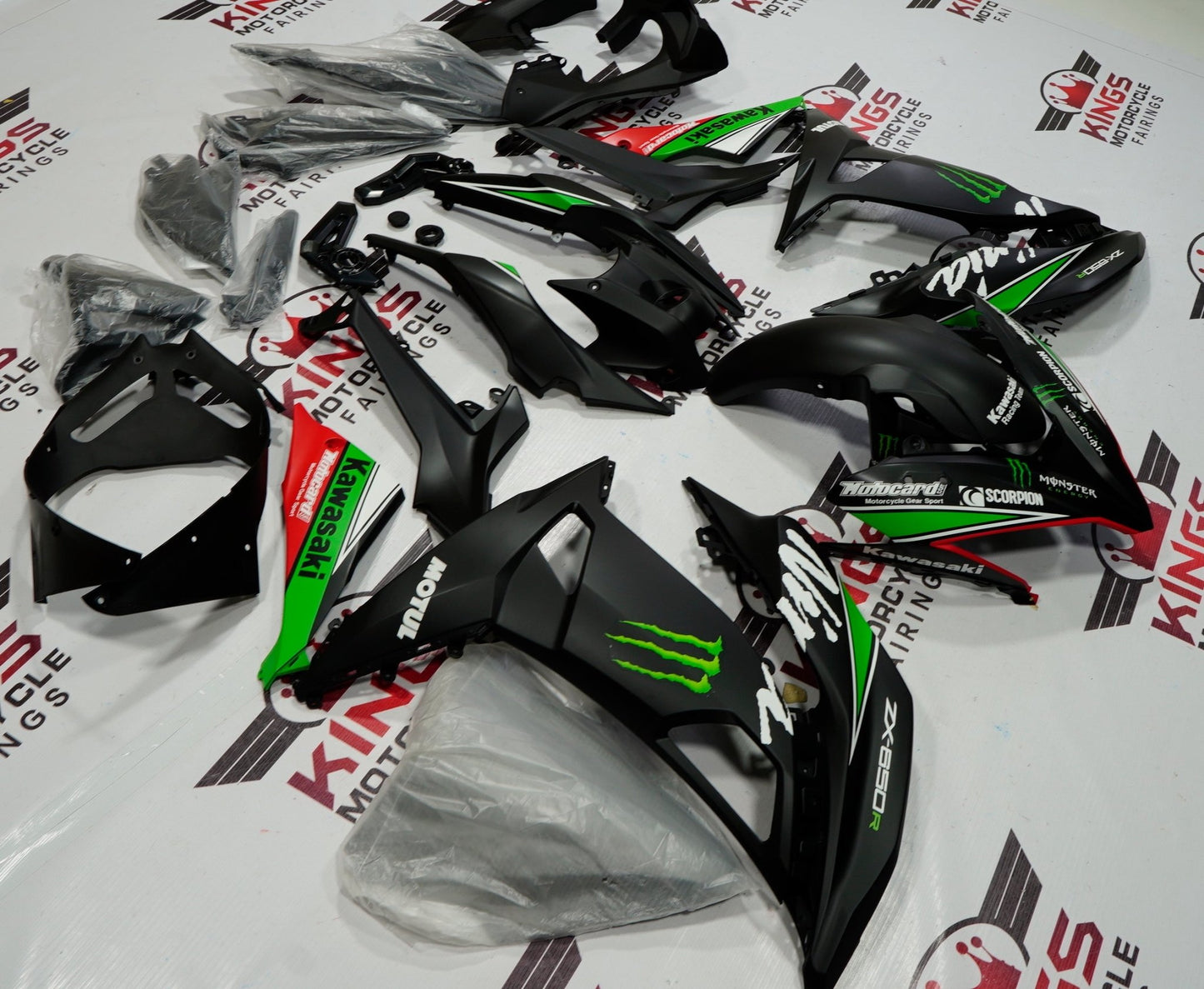 Matte Black, Green and Red Monster fairing kit for a 2017, 2018 and 2019 Kawasaki Ninja 650R motorcycle