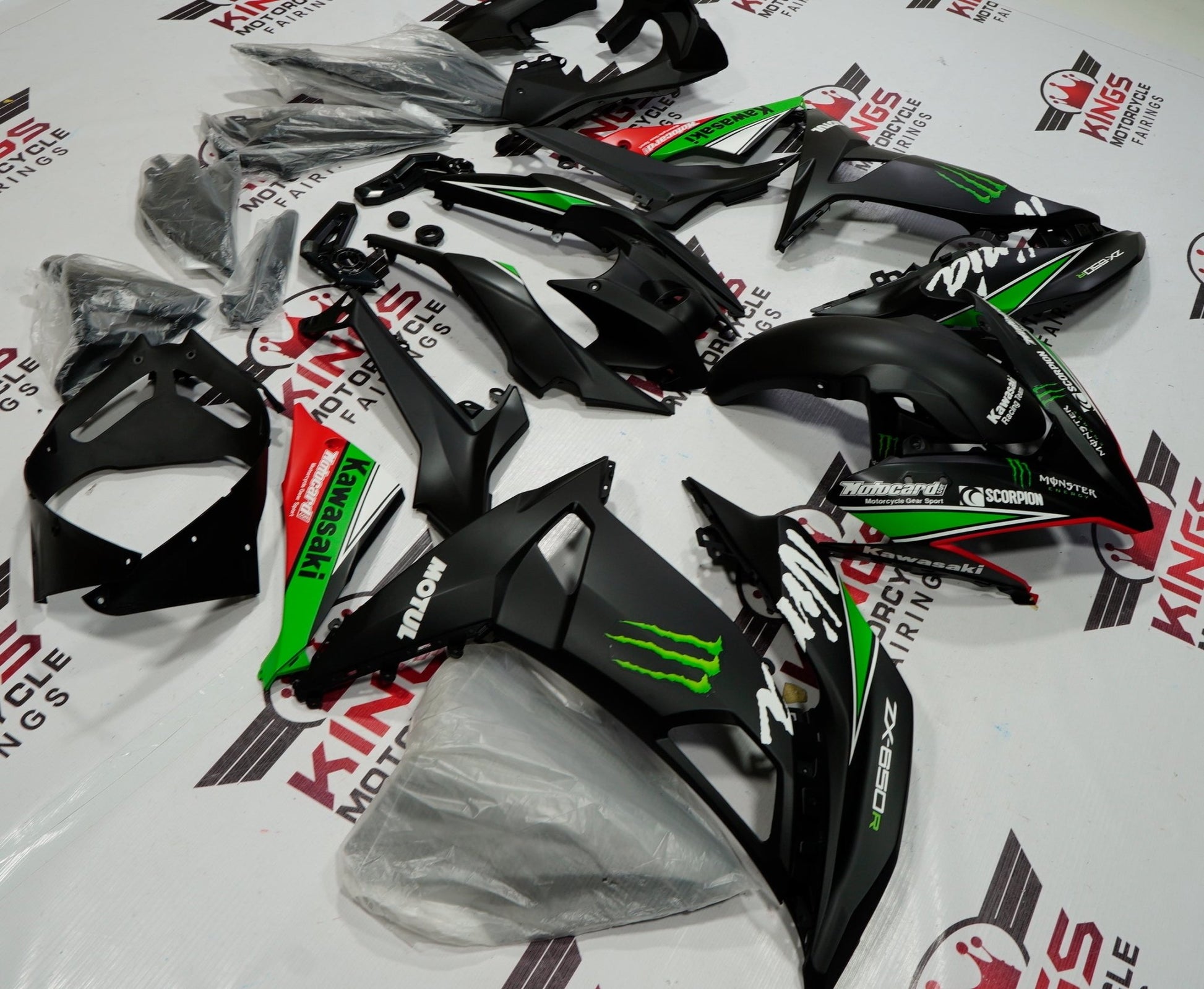 Matte Black, Green and Red Monster fairing kit for a 2017, 2018 and 2019 Kawasaki Ninja 650R motorcycle