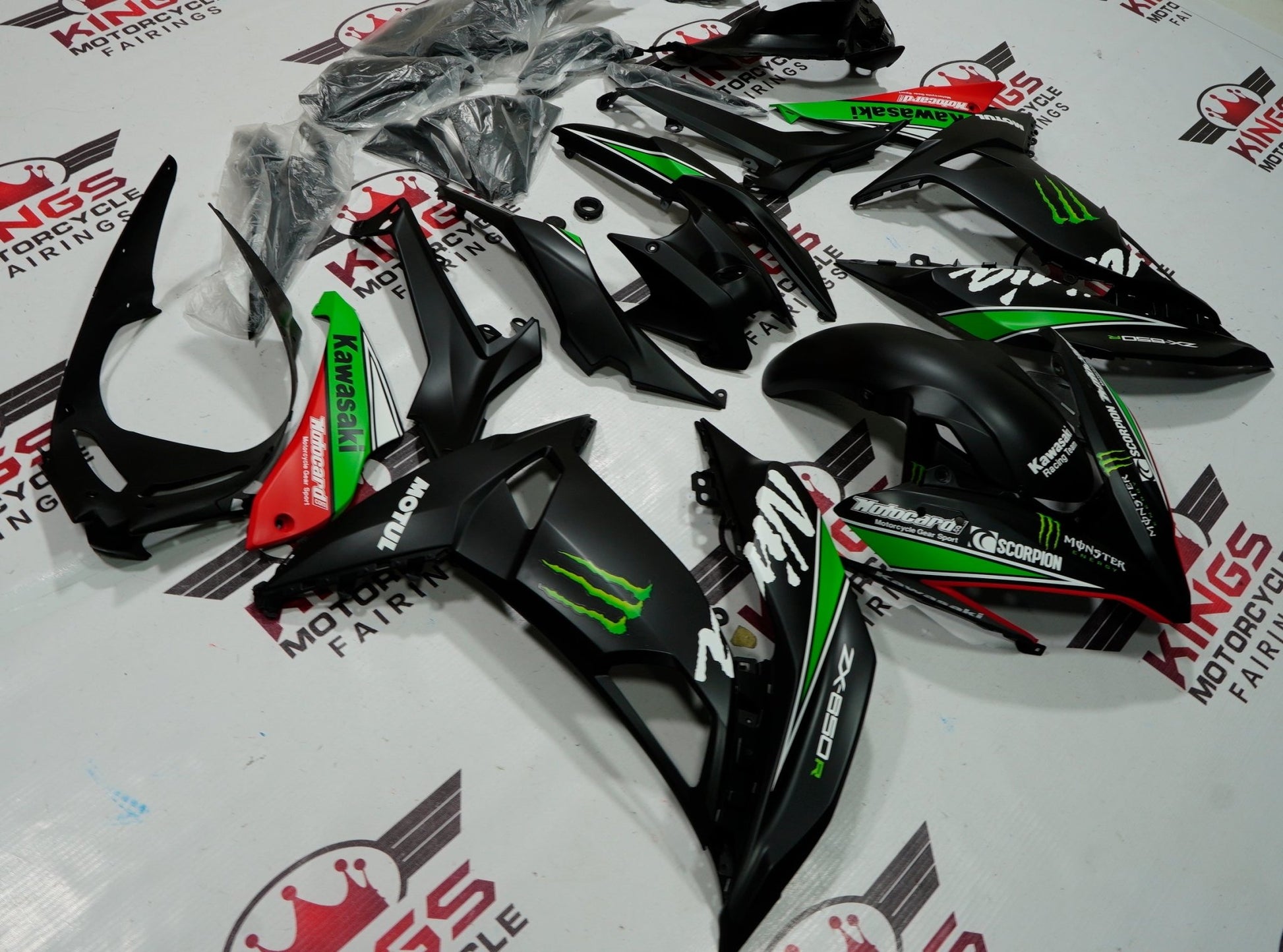 Matte Black, Green, White and Red Monster fairing kit for a 2017, 2018 and 2019 Kawasaki Ninja 650R motorcycle
