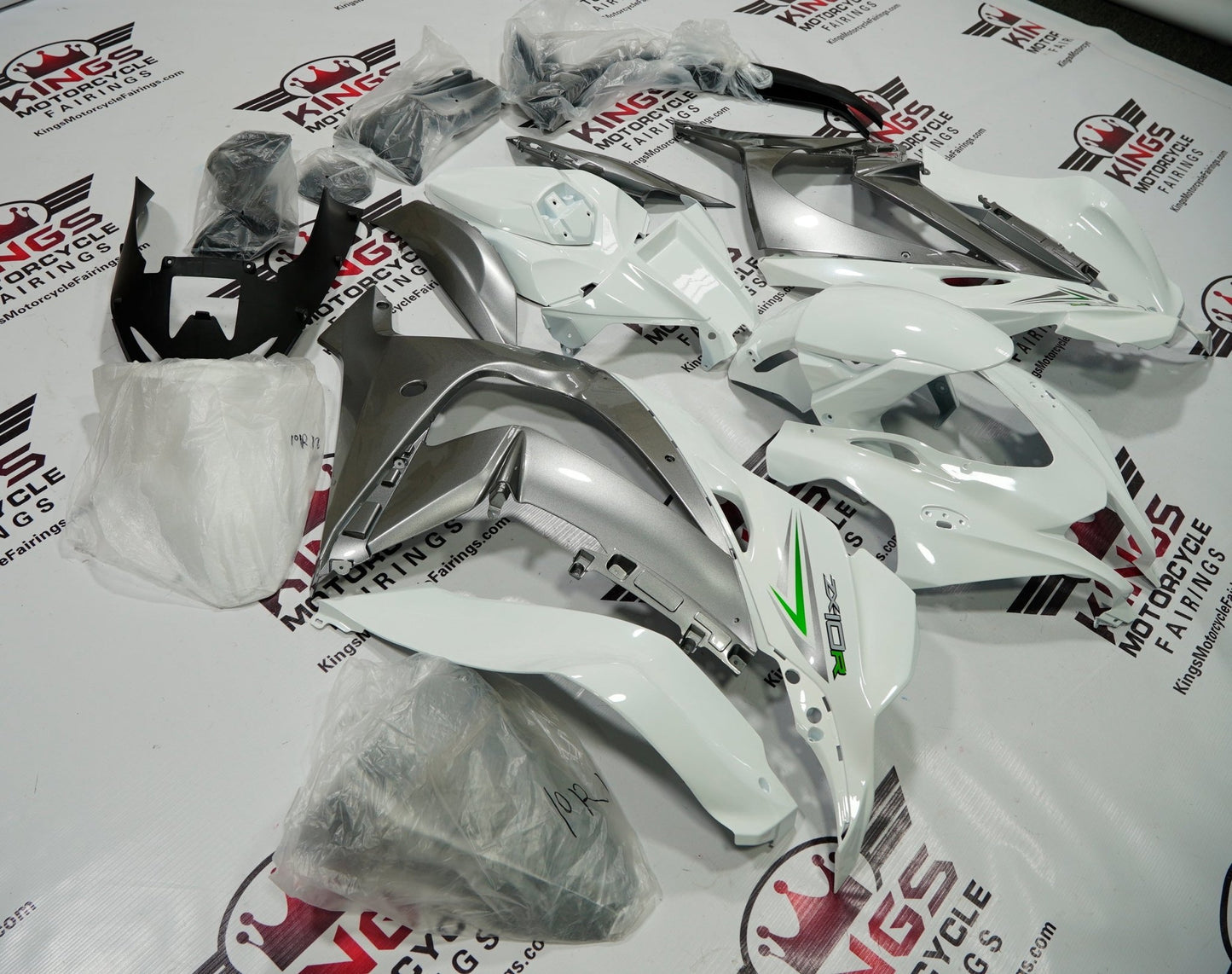 Fairing Kit for a Kawasaki Ninja ZX10R (2016-2020) Pearl White, Silver, Black & Green at KingsMotorcycleFairings.com