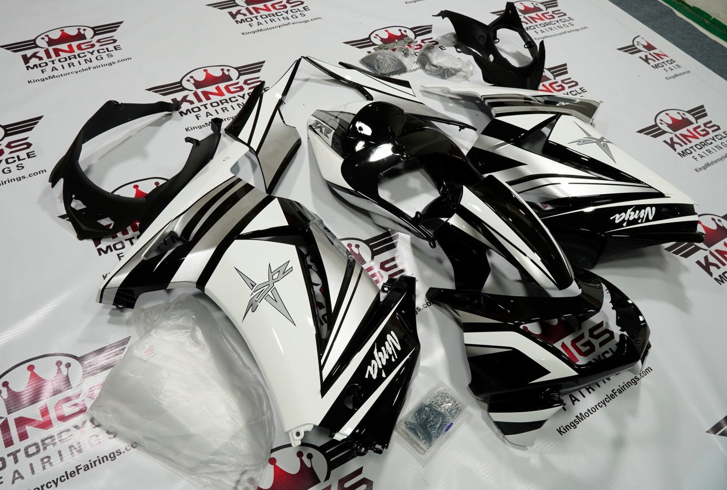 Fairing kit for a Kawasaki Ninja 250R (2008-2013) Black, White & Silver at KingsMotorcycleFairings.com