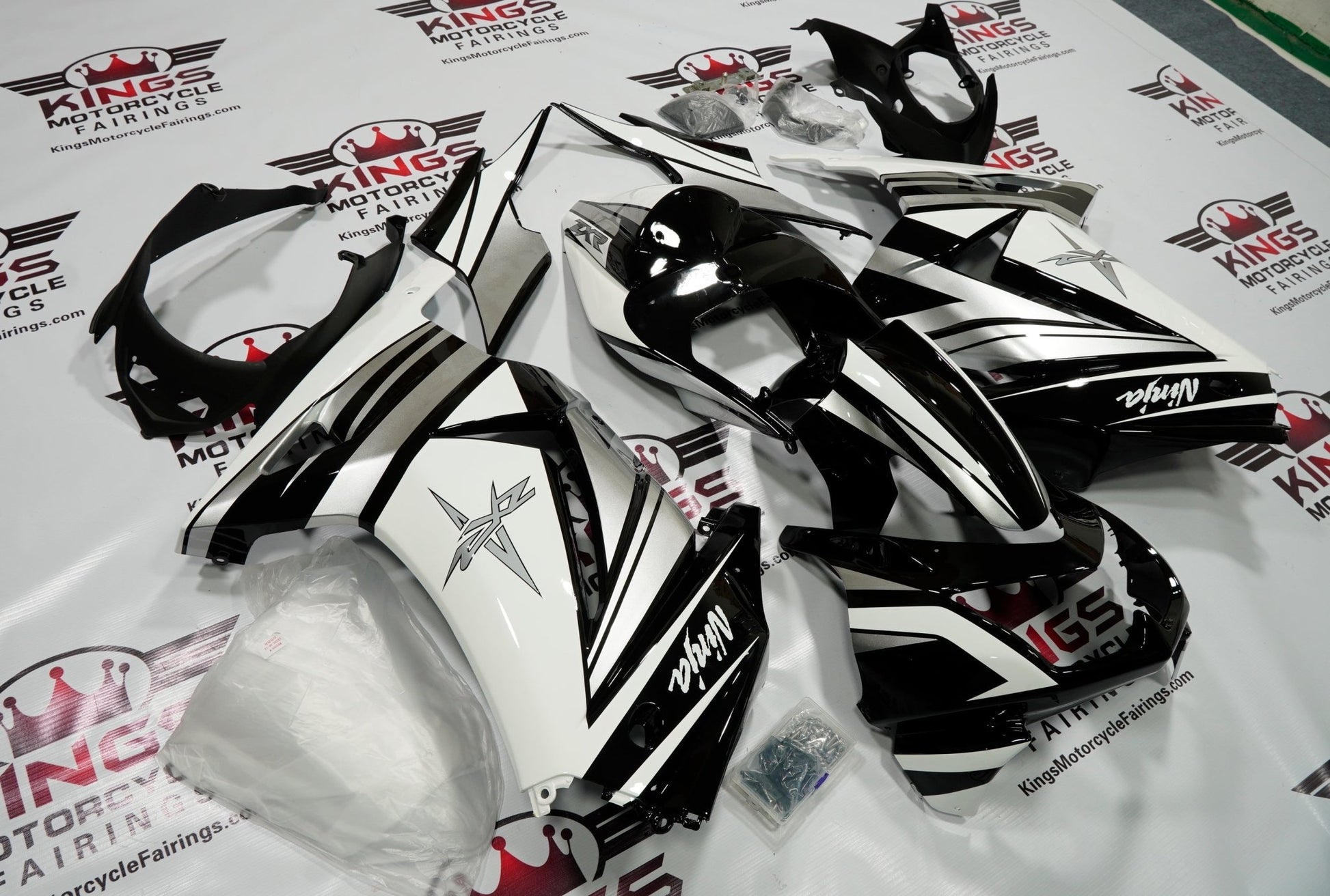 Fairing kit for a Kawasaki Ninja 250R (2008-2013) Black, White & Silver at KingsMotorcycleFairings.com