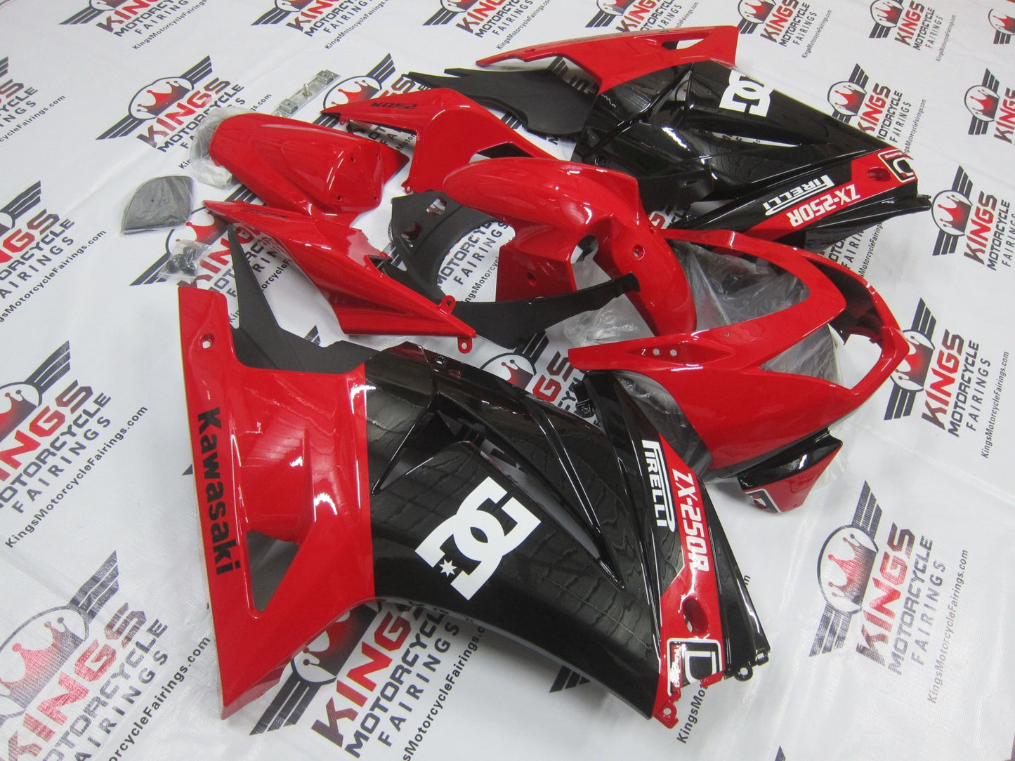 Fairing kit for a Kawasaki Ninja 250R (2008-2013) Red & Black Pirelli at KingsMotorcycleFairings.com