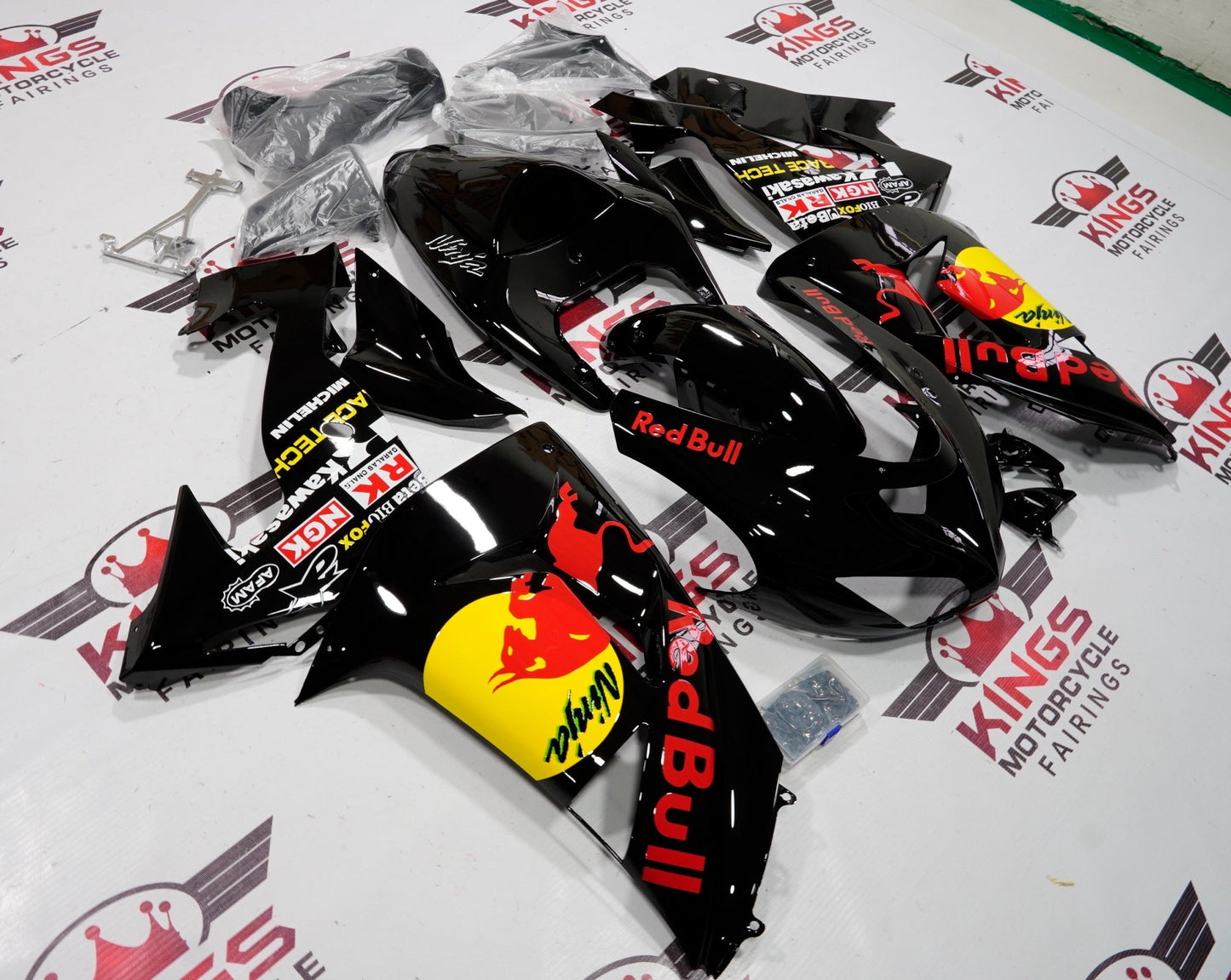 Black, Red and Yellow RedBull Fairing Kit for a 2006 & 2007 Kawasaki Ninja ZX-10R motorcycle