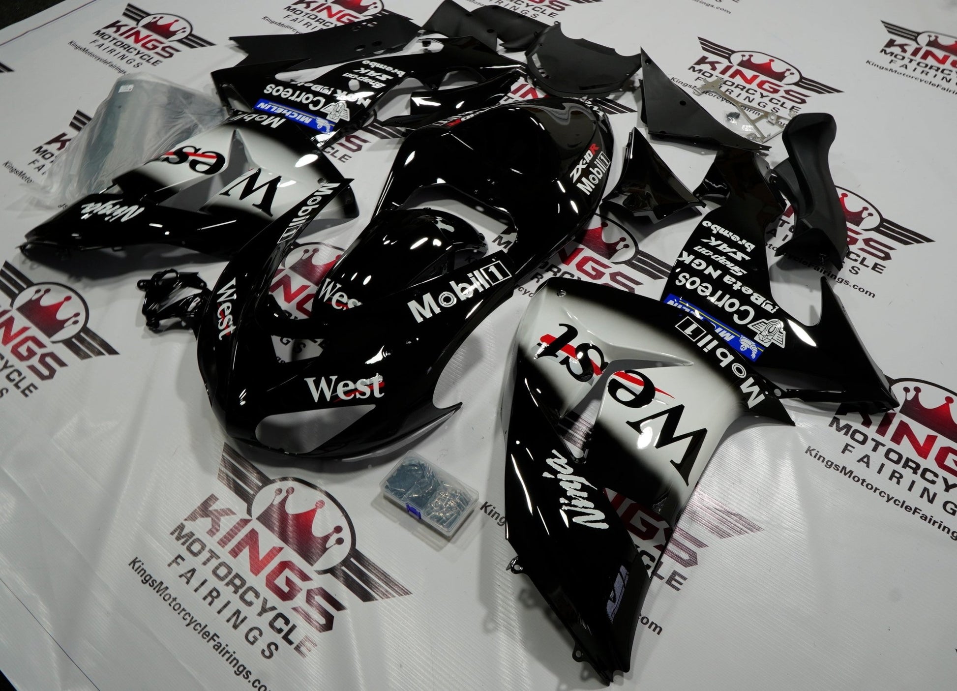 Fairing kit for a Kawasaki Ninja ZX10R (2006-2007) Black & White West Mobil at KingsMotorcycleFairings.com