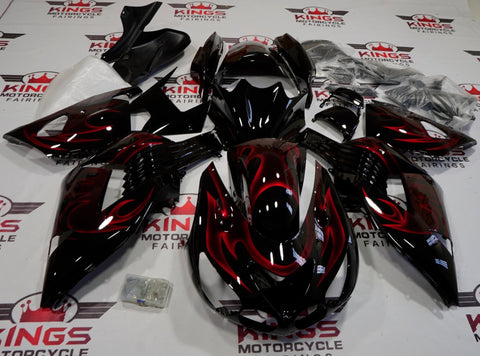 Fairing kit for a Kawasaki Ninja ZX14R (2006-2011) Black & Candy Red Flames