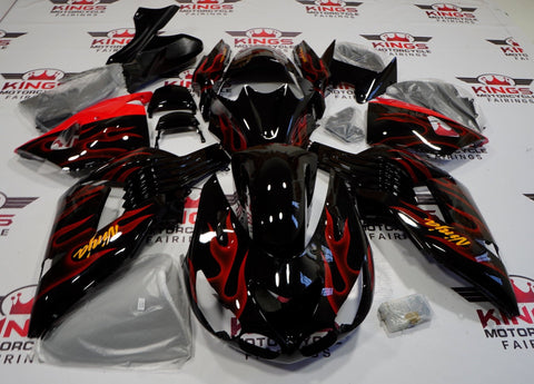 Fairing kit for a Kawasaki Ninja ZX14R (2006-2011) Black & Red Flames at KingsMotorcycleFairings.com