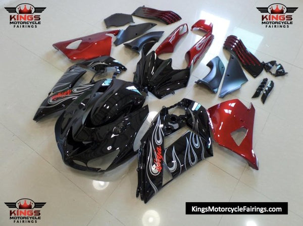 Fairing kit for a Kawasaki Ninja ZX14R (2006-2011) Black, Candy Red & Silver Flames