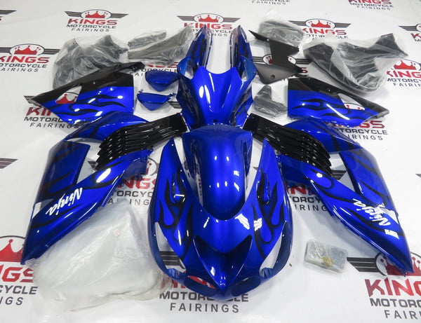 Fairing kit for a Kawasaki Ninja ZX14R (2006-2011) Blue & Black Flames at Kings Motorcycle Fairings