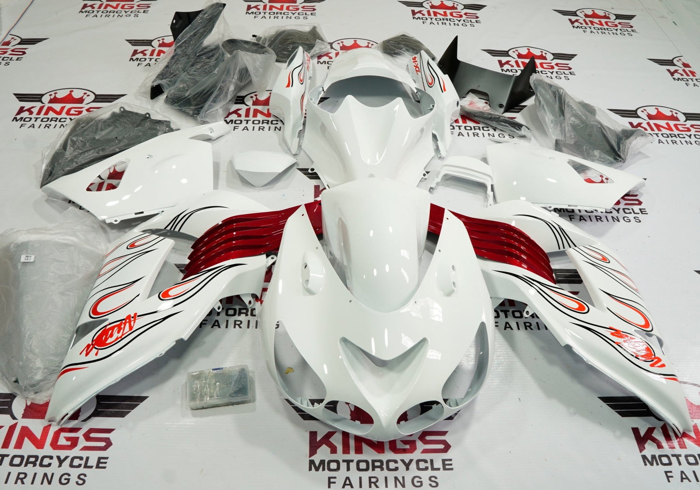 Fairing kit for a Kawasaki Ninja ZX14R (2006-2011) White, Red & Black Flames