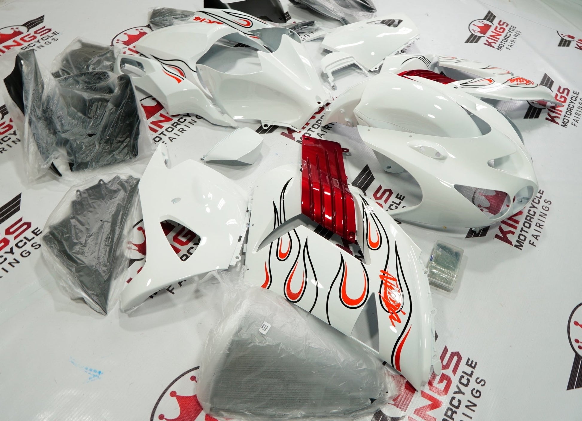 White, Red and Black Flame Fairing Kit for a 2006, 2007, 2008, 2009, 2010 & 2011 Kawasaki Ninja ZX-14R motorcycle