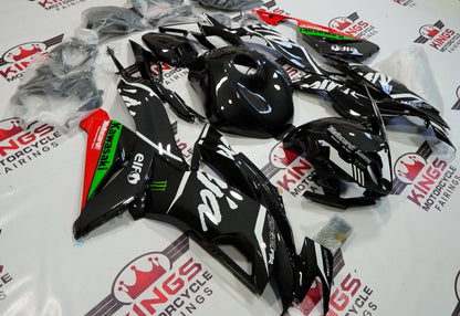 Faux Carbon Fiber, Red and Green Fairing Kit for a 2019, 2020, 2021, 2022 & 2023 Kawasaki Ninja ZX-6R 636 motorcycle - KingsMotorcycleFairings.com