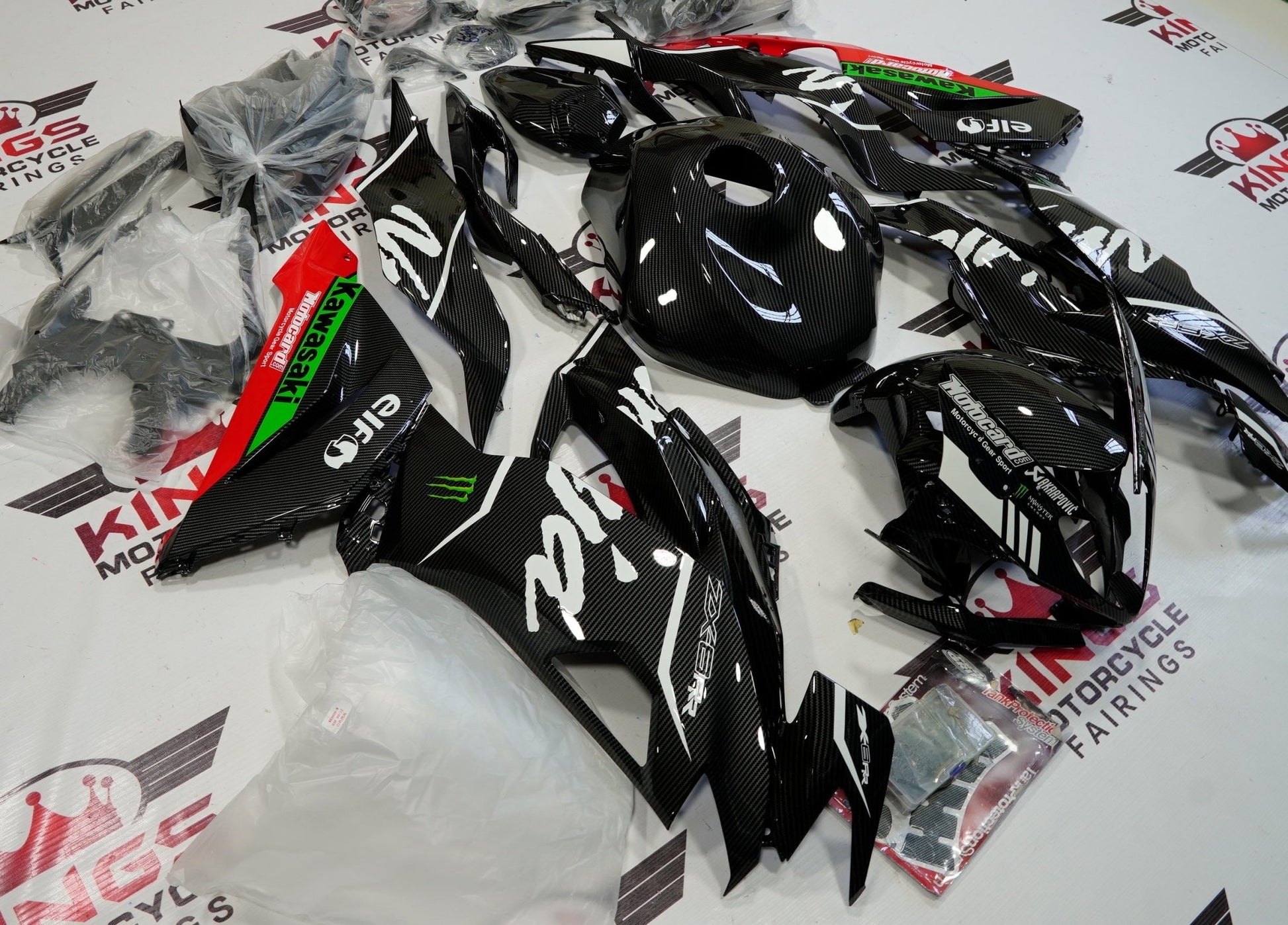 Faux Carbon Fiber, Red and Green Fairing Kit for a 2019, 2020, 2021, 2022 & 2023 Kawasaki Ninja ZX-6R 636 motorcycle - KingsMotorcycleFairings.com