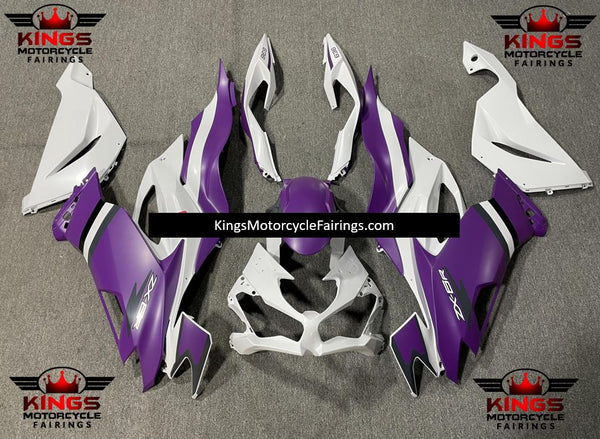 Matte Purple & Matte White Fairing Kit for a 2019, 2020, 2021, 2022 & 2023 Kawasaki Ninja ZX-6R 636 motorcycle at KingsMotorcycleFairings.com