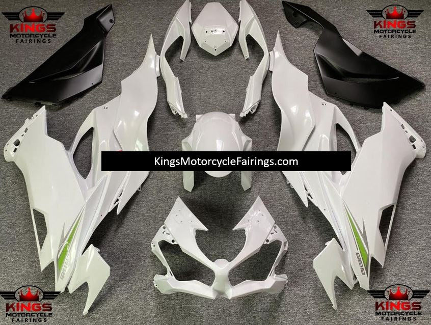 Pearl White, Green & Black Fairing Kit for a 2019, 2020, 2021, 2022 & 2023 Kawasaki Ninja ZX-6R 636 motorcycle at KingsMotorcycleFairings.com