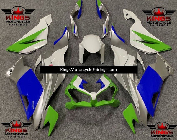 White, Silver, Blue & Green Fairing Kit for a 2019, 2020, 2021, 2022 & 2023 Kawasaki Ninja ZX-6R 636 motorcycle at KingsMotorcycleFairings.com