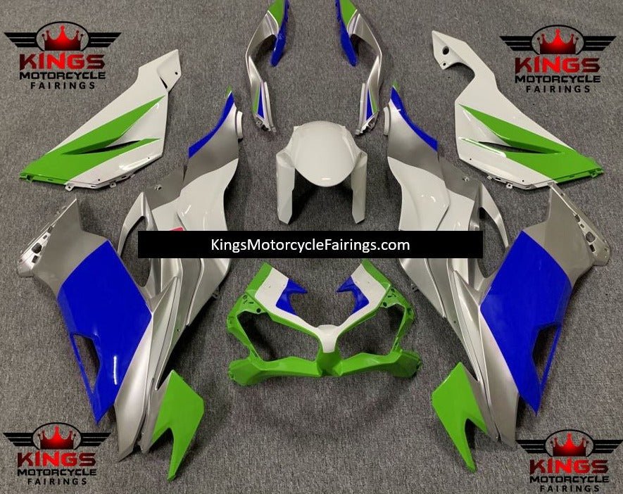 White, Silver, Blue & Green Fairing Kit for a 2019, 2020, 2021, 2022 & 2023 Kawasaki Ninja ZX-6R 636 motorcycle at KingsMotorcycleFairings.com