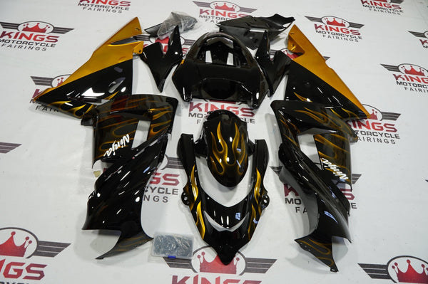 Fairing kit for a Kawasaki ZX10R (2004-2005) Black & Gold Flames - KingsMotorcycleFairings.com