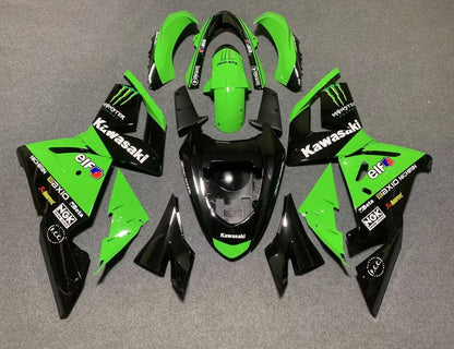 Green and Black Monster Energy Fairing Kit for a 2004 & 2005 Kawasaki ZX-10R motorcycle.