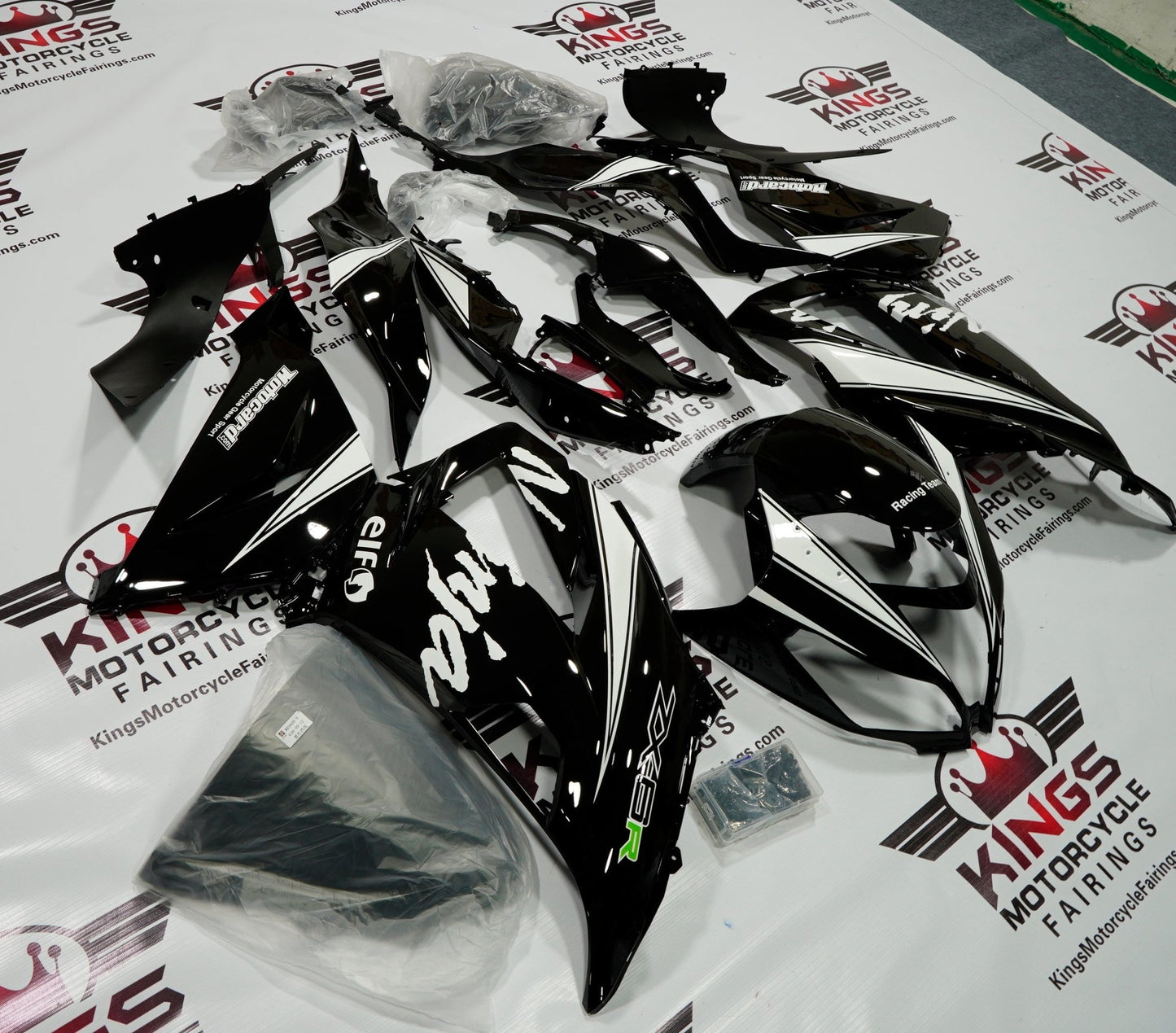 Fairing kit for a Kawasaki ZX6R 636 (2013-2018) Black & White Elf at KingsMotorcycleFairings.com