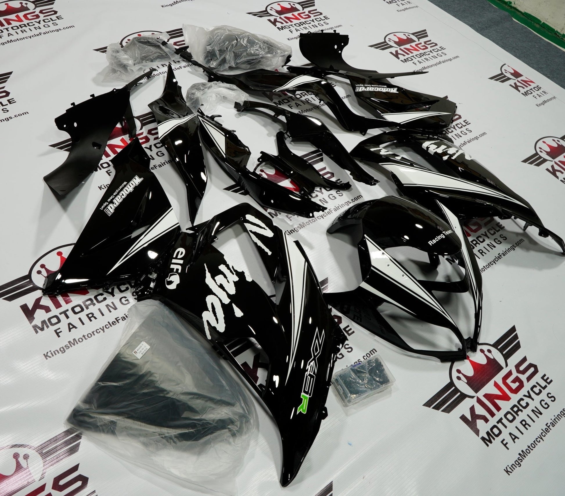 Fairing kit for a Kawasaki ZX6R 636 (2013-2018) Black & White Elf at KingsMotorcycleFairings.com