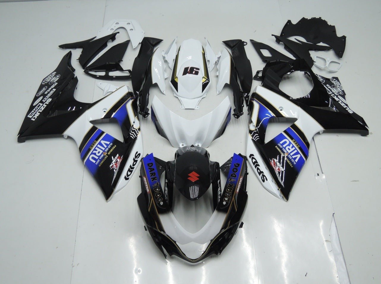Black, White and Blue Viru Fairing Kit for a 2009, 2010, 2011, 2012, 2013, 2014, 2015 & 2016 Suzuki GSX-R1000 motorcycle