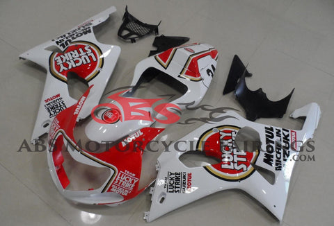 White and Red Lucky Strike Fairing Kit for a 2000, 2001, & 2002 Suzuki GSX-R1000 motorcycle