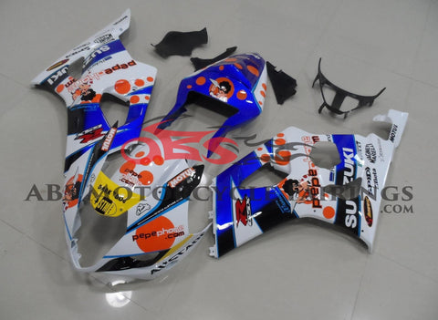 White, Blue and Red Pepe Phone Fairing Kit for a 2003 & 2004 Suzuki GSX-R1000 motorcycle