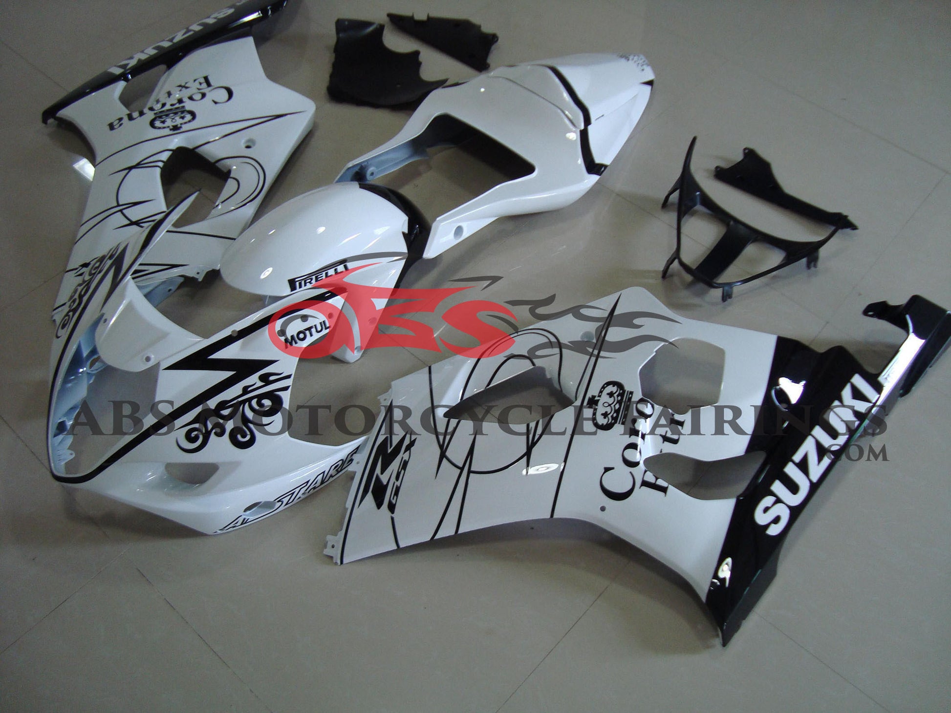 White and Black Corona Fairing Kit for a 2003 & 2004 Suzuki GSX-R1000 motorcycle